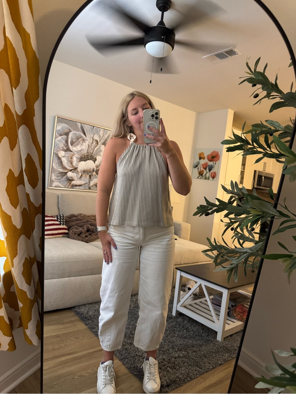 Madewell Cream and Blue Striped Tie-Shoulder Halter Tank